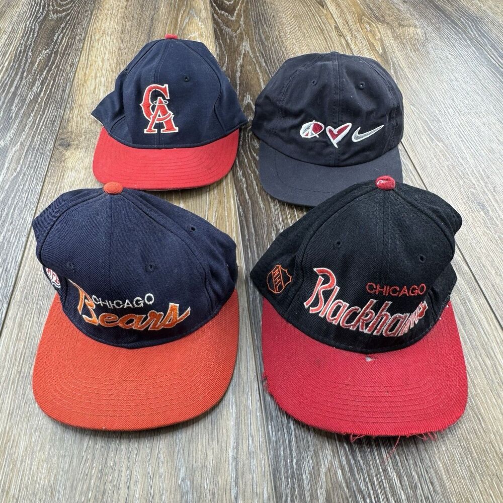 Vintage Hat Lot Of 4 Mens Sports Specialties Blackhawks Script Nike Peace Love